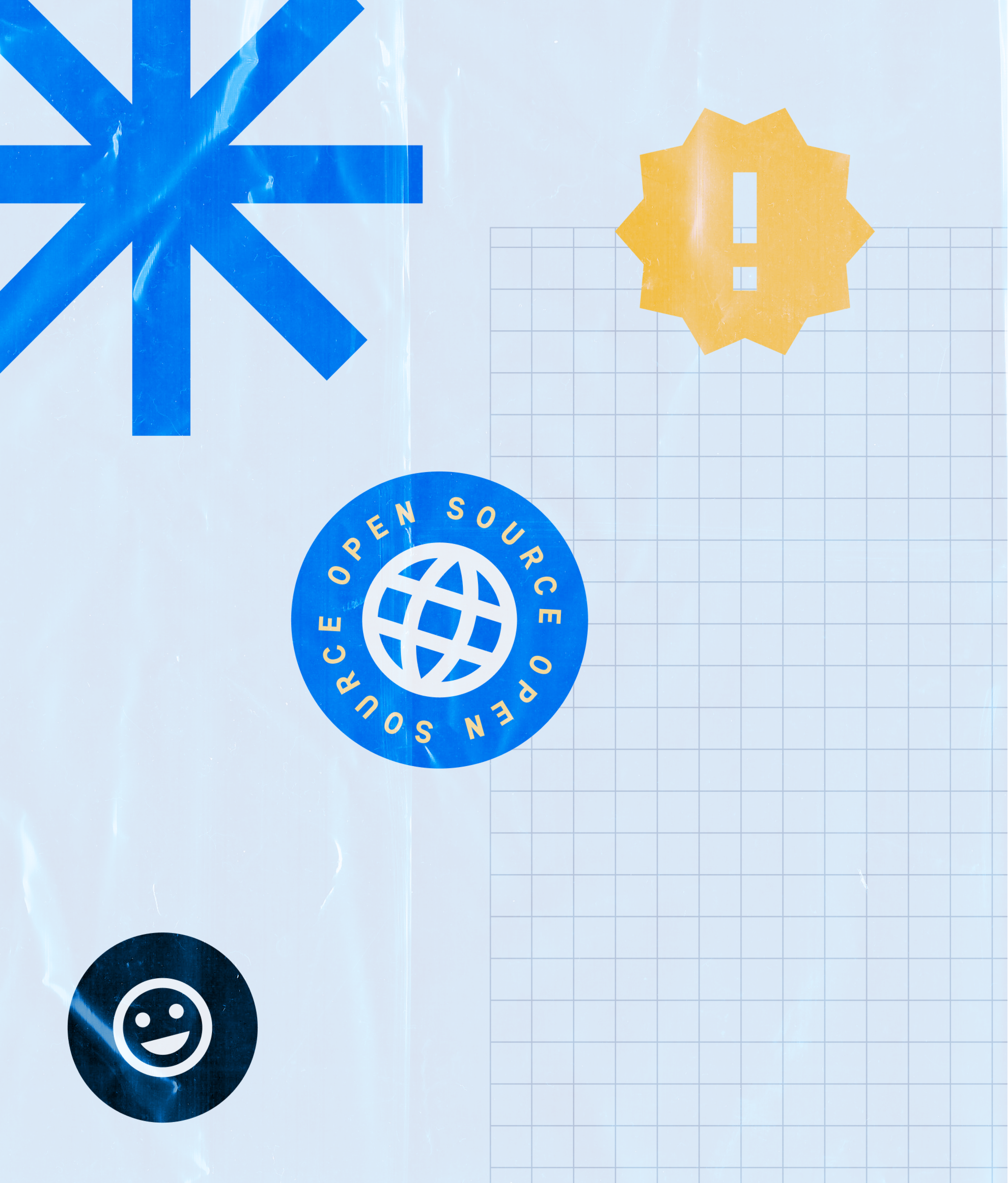 Asterisk, exclamation point, smiley face and "Open Source" stickers over a grid background